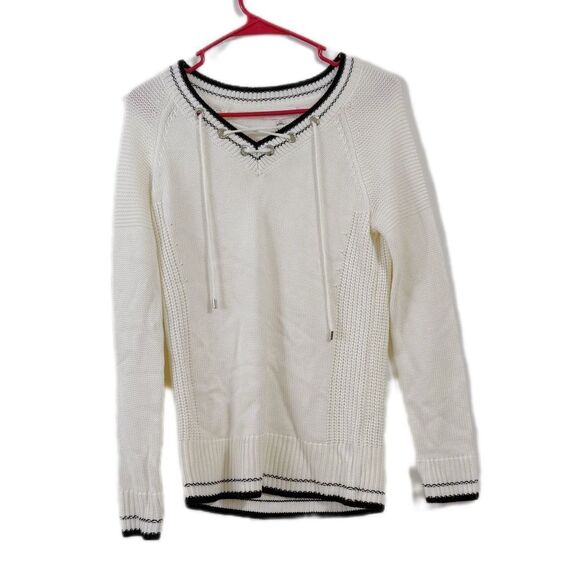 Calvin Klein White and Black V-Neck Sweater with Textured Knit - Picture 1 of 6